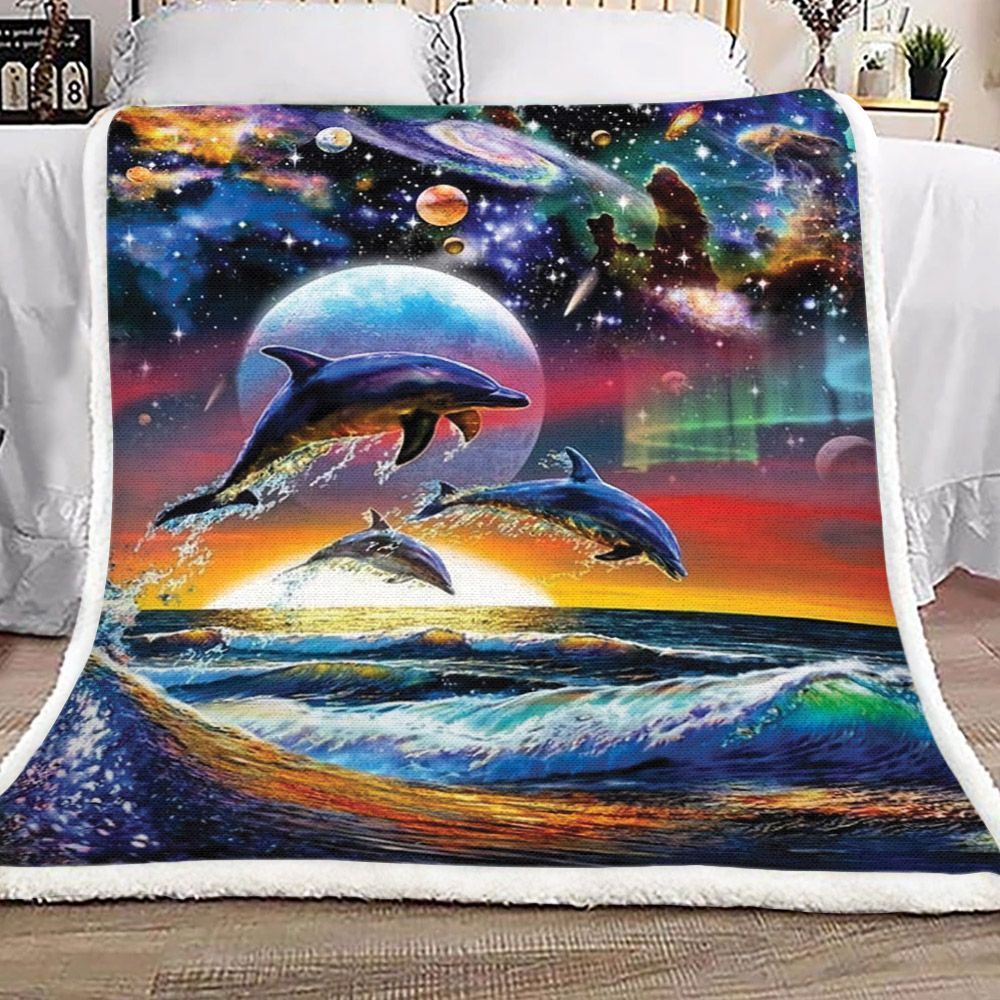 Dolphins And Galaxy Sherpa Fleece Blanket