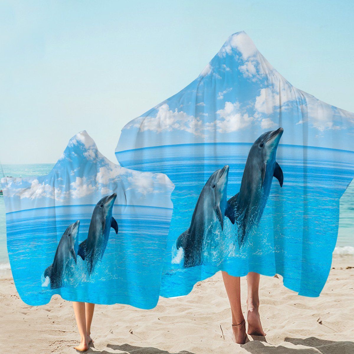 Dolphins Dance Clear Sky Pattern Printed Hooded Towel