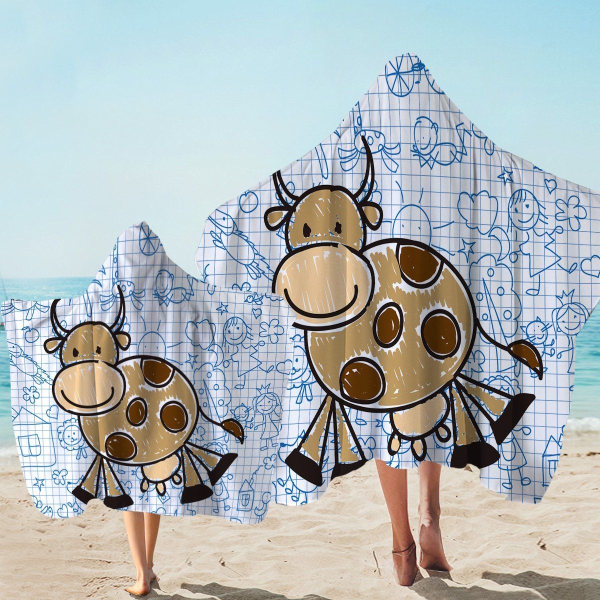 Doodle Cow Paper Hand Drawing Printed Hooded Towel