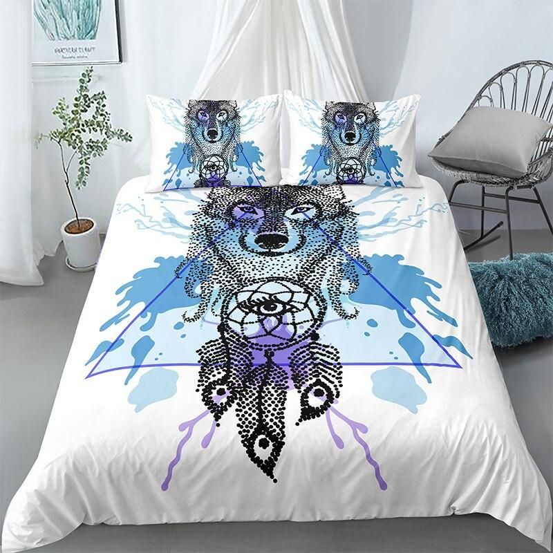 Dotted Tribal Wolf White Bedding Set