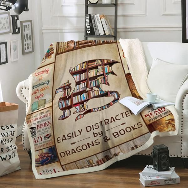Dragon And Books Sherpa Fleece Blanket