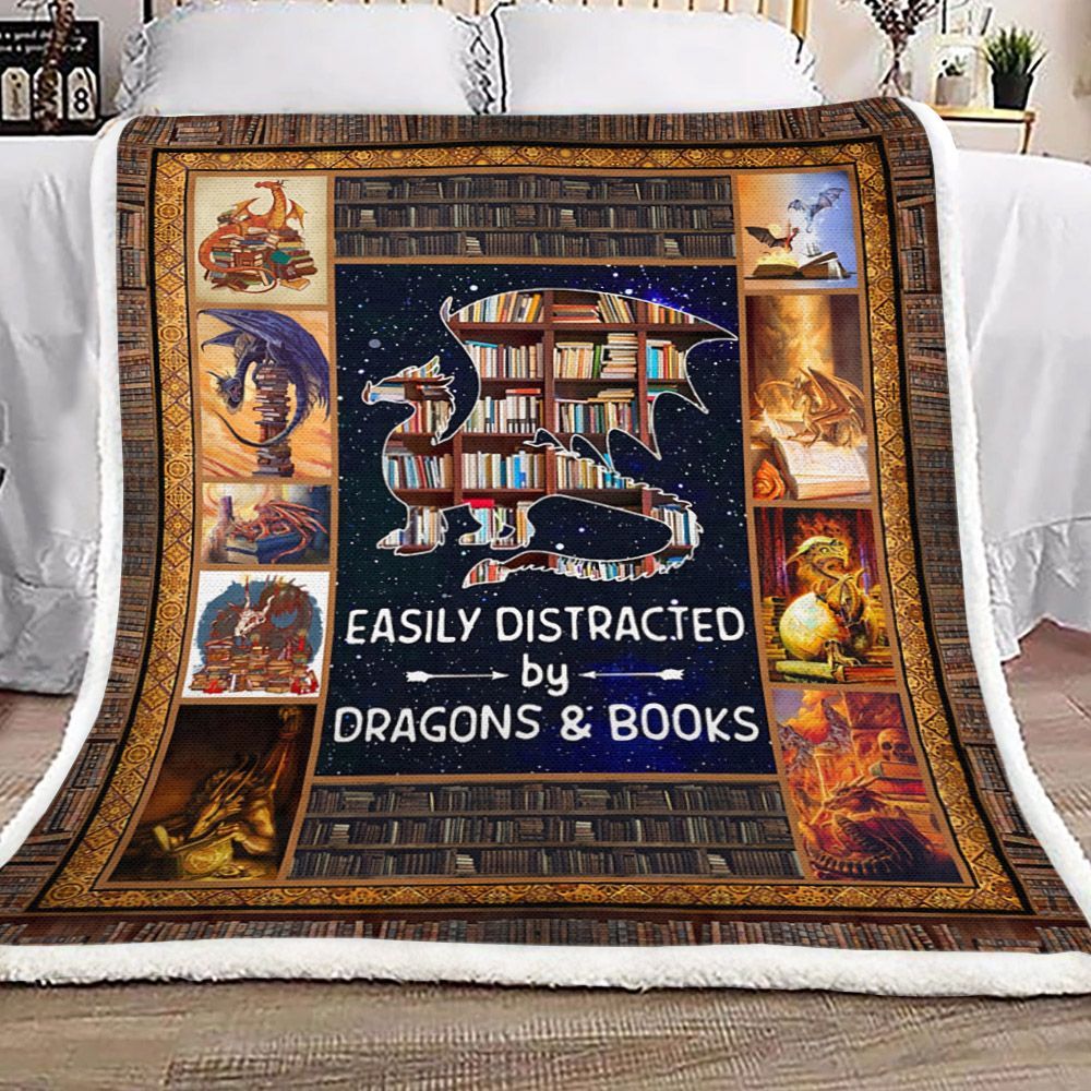 Dragon And Books Sherpa Fleece Blanket