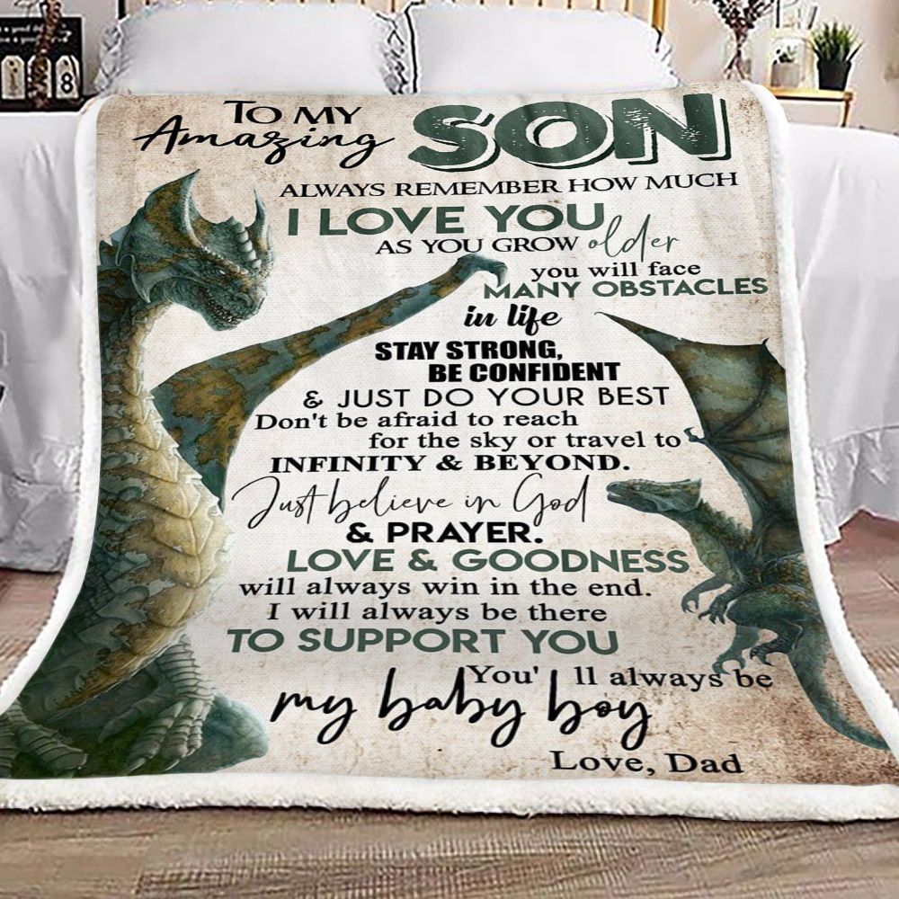 Dragon To My Amazing Son Love Dad Sherpa Fleece Blanket