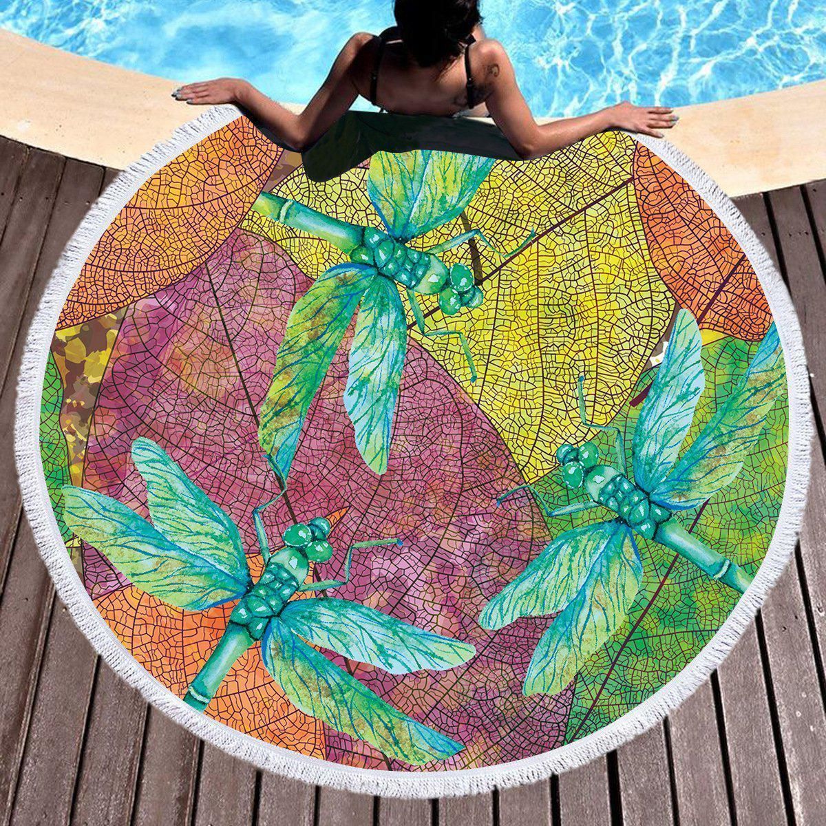 Dragonflies And Autumn Leaves Printed Round Beach Towel
