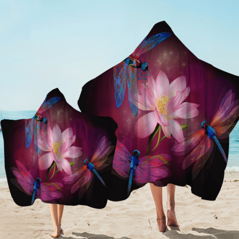 Dragonflies And Lotus Aesthetic Hooded Towel