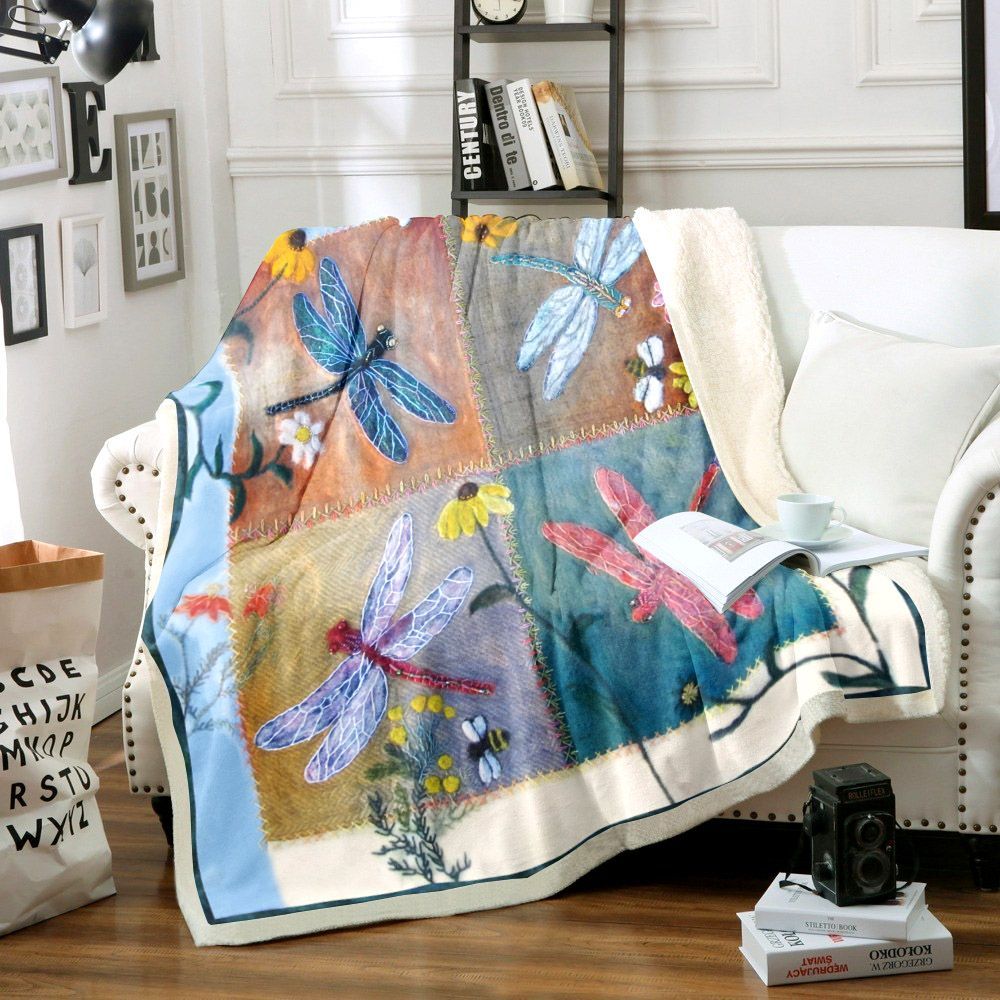 Dragonfly And Flower Sherpa Fleece Blanket