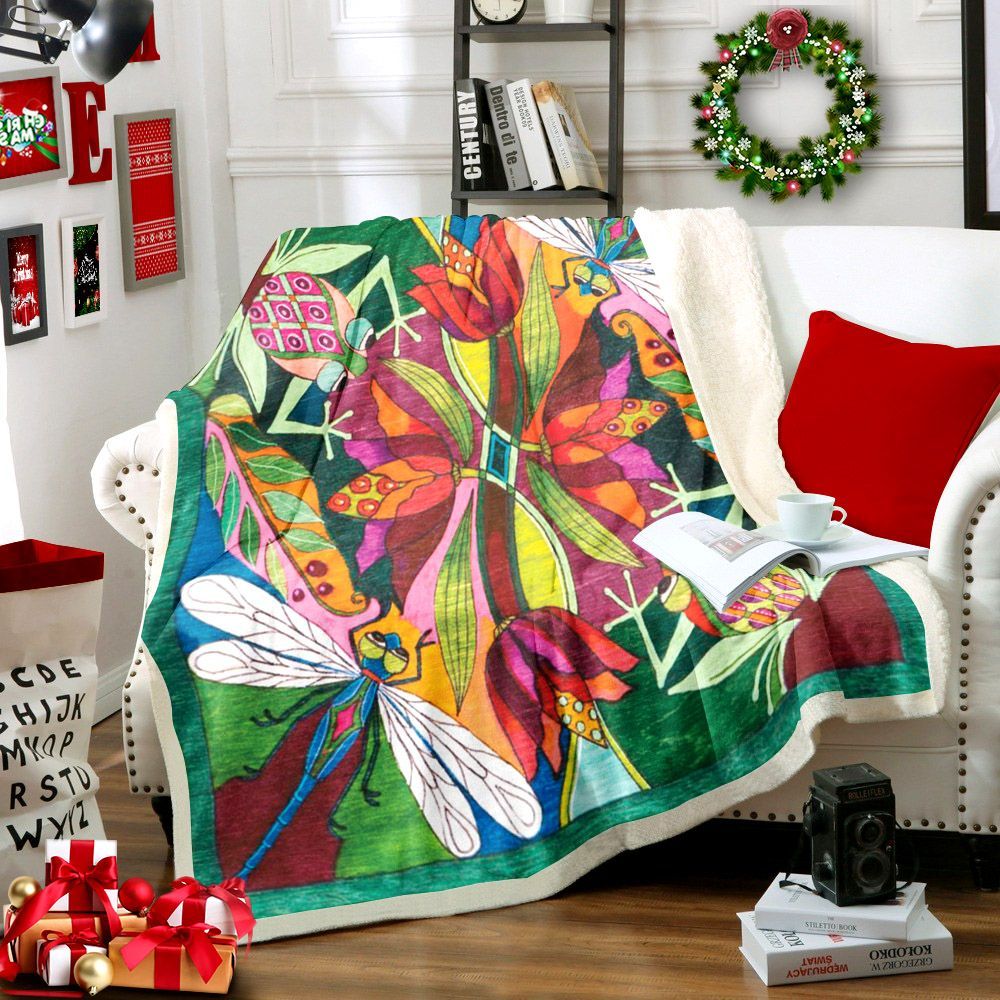 Dragonfly And Frog Sherpa Fleece Blanket