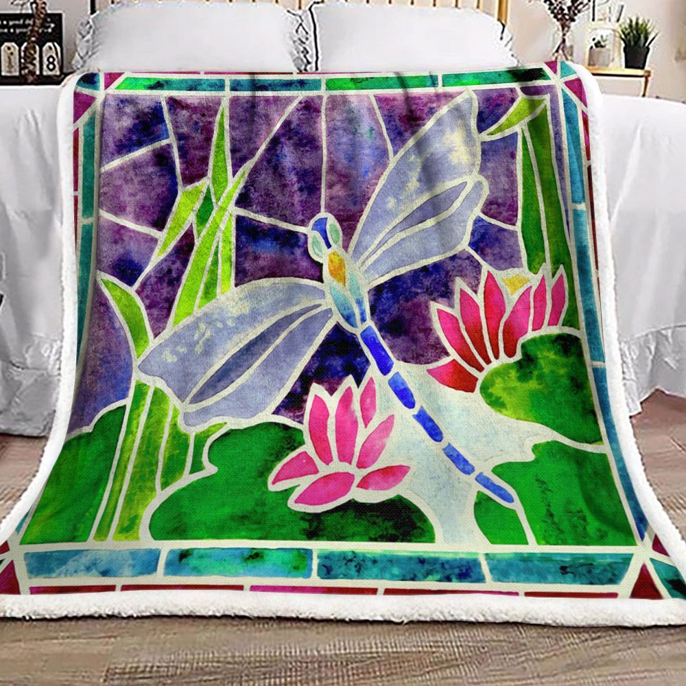 Dragonfly And Lotus Sherpa Fleece Blanket