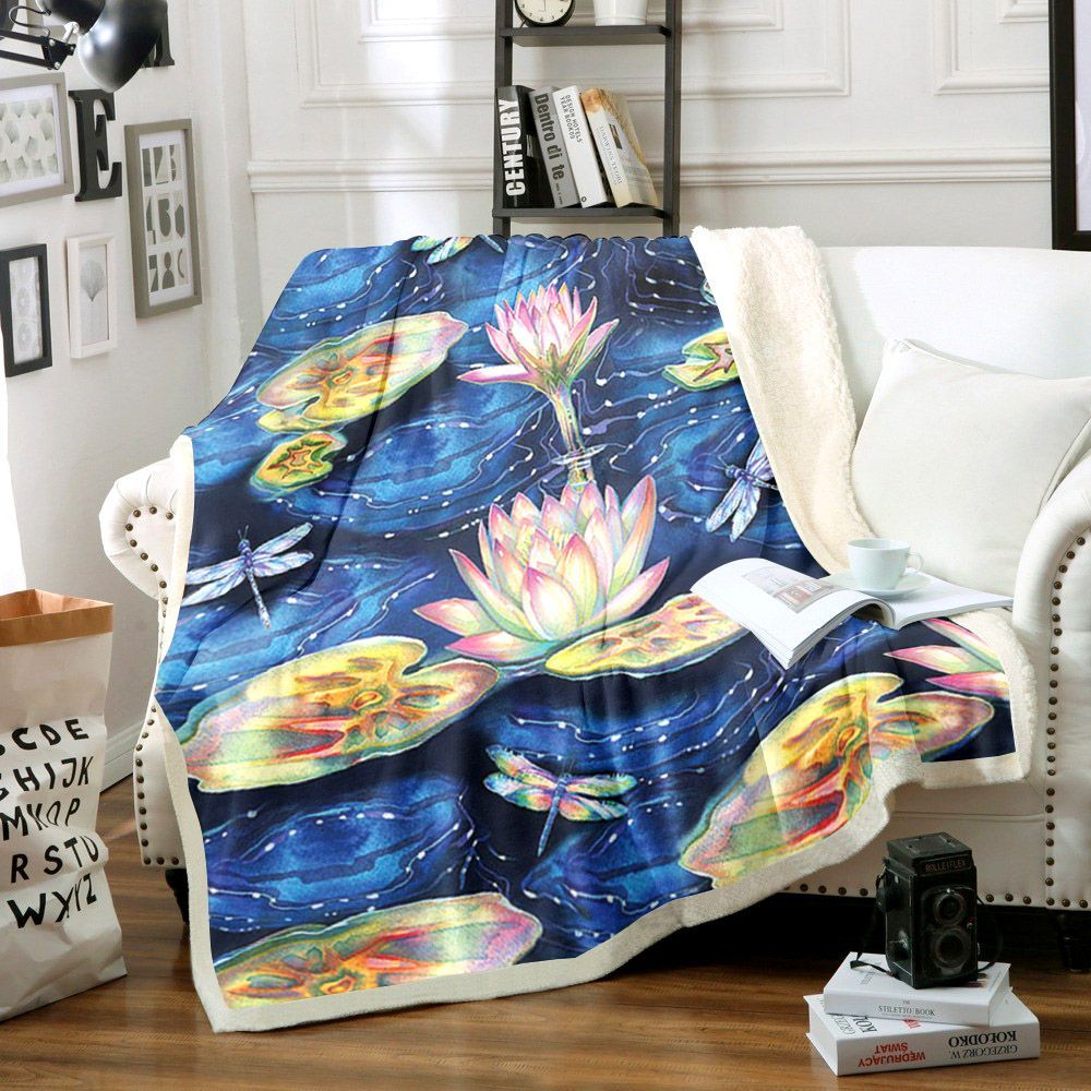 Dragonfly And Lotus Sherpa Fleece Blanket