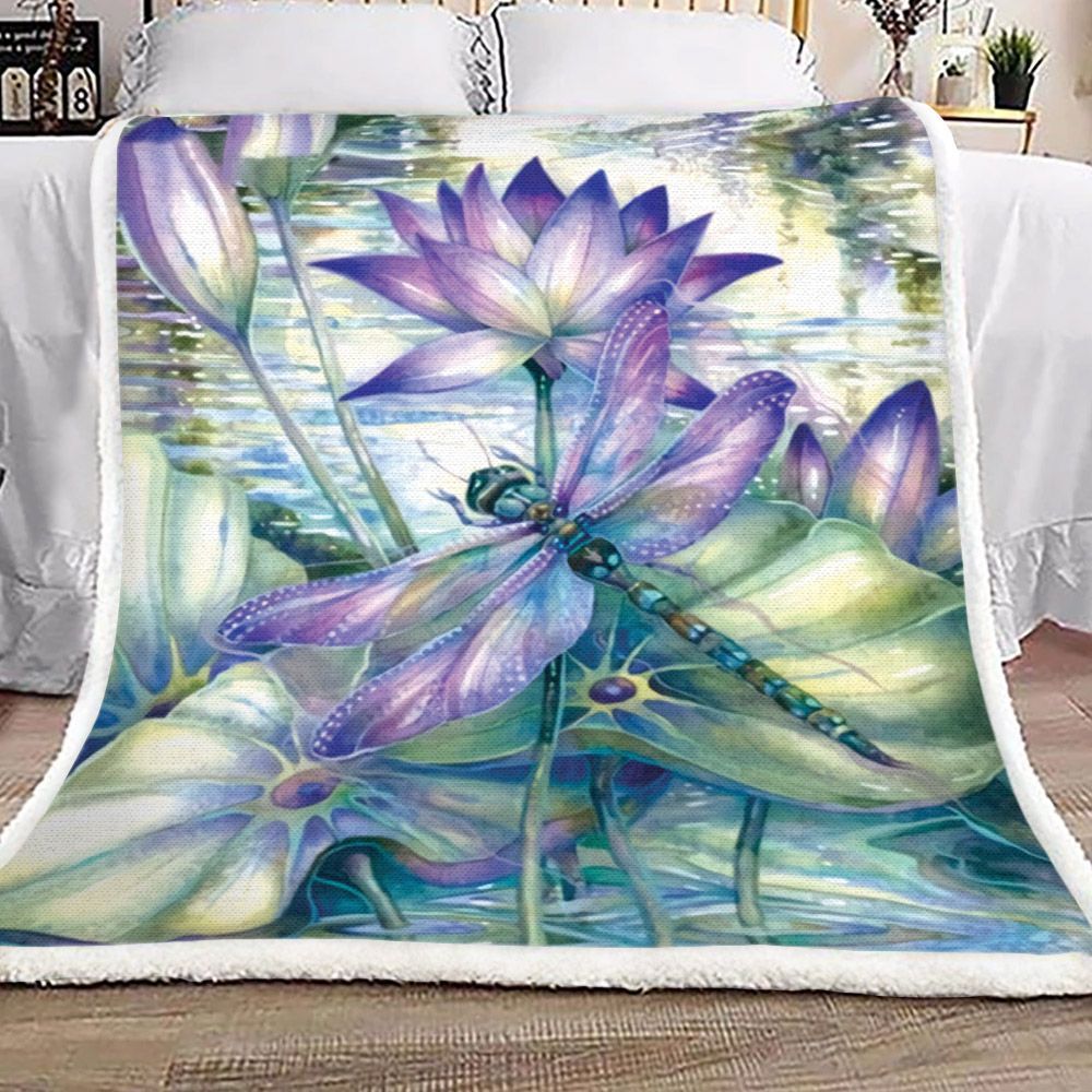 Dragonfly And Lotus Sherpa Fleece Blanket