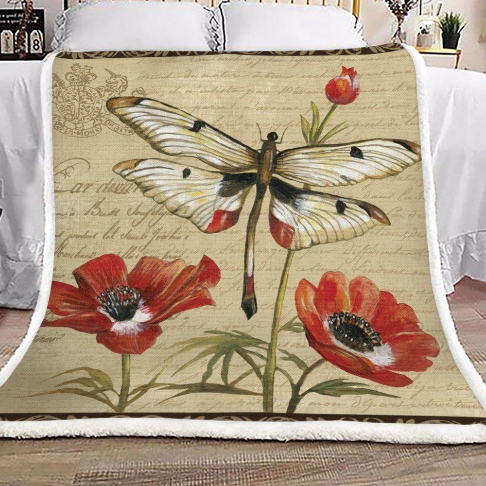 Dragonfly And Poppies Sherpa Fleece