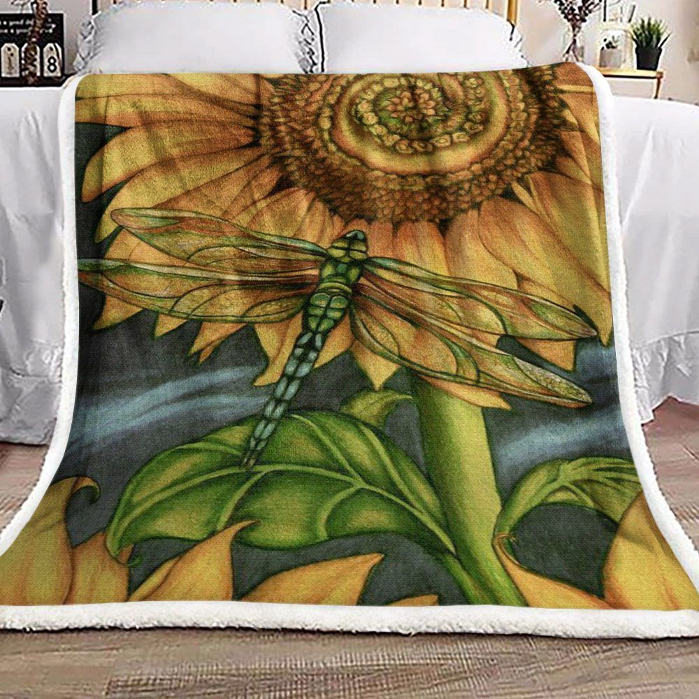 Dragonfly And Sunflower Sherpa Fleece Blanket