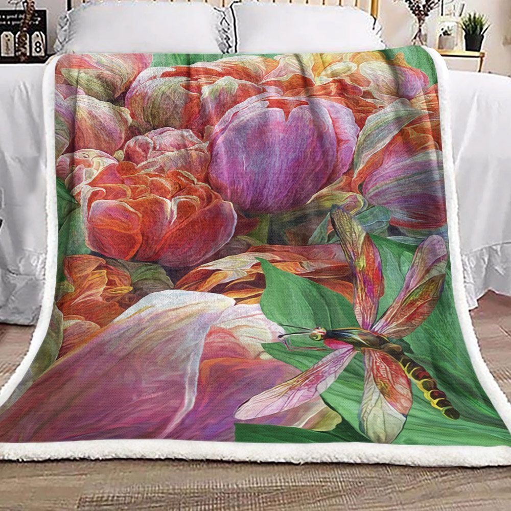 Dragonfly And Tulip Sherpa Fleece Blanket