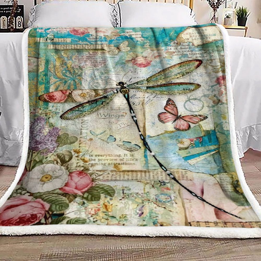 Dragonfly Butterfly Rose Sherpa Fleece Blanket