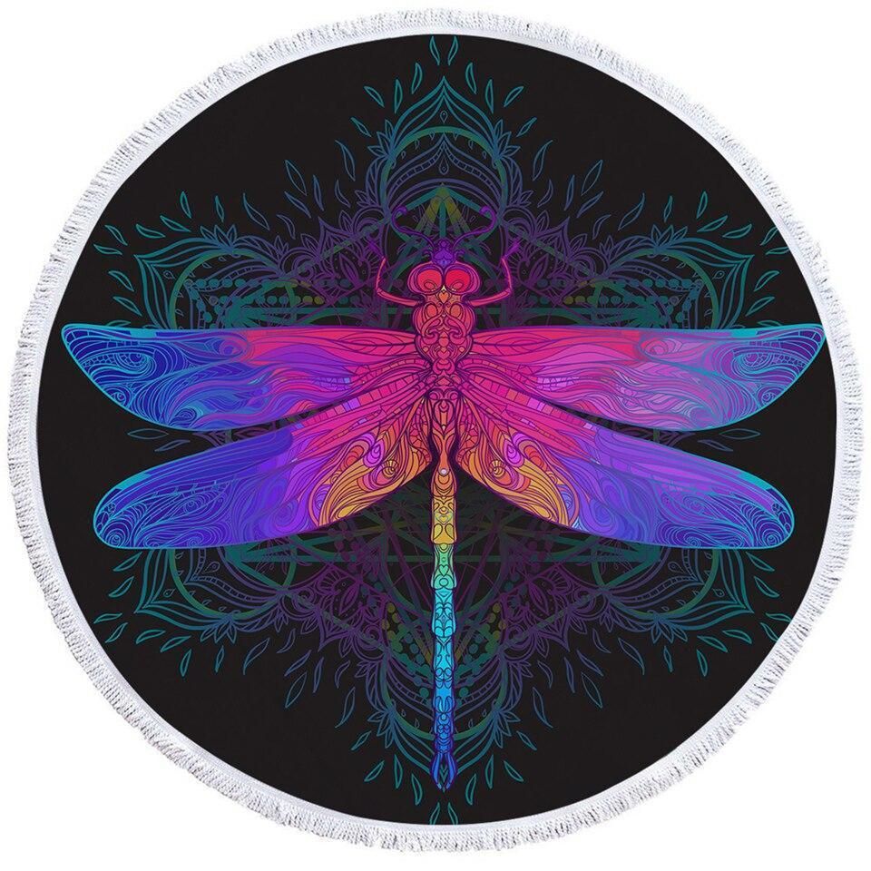 Dragonfly Dreams With Lotus Pattern Printed Round Beach Towel