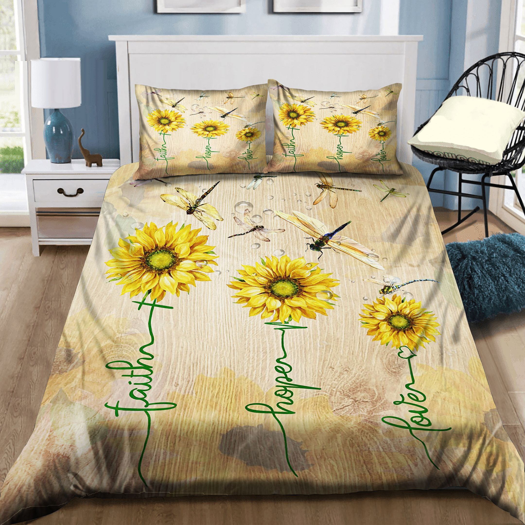 Dragonfly Faith Hope Love Sunflower Bedding Set