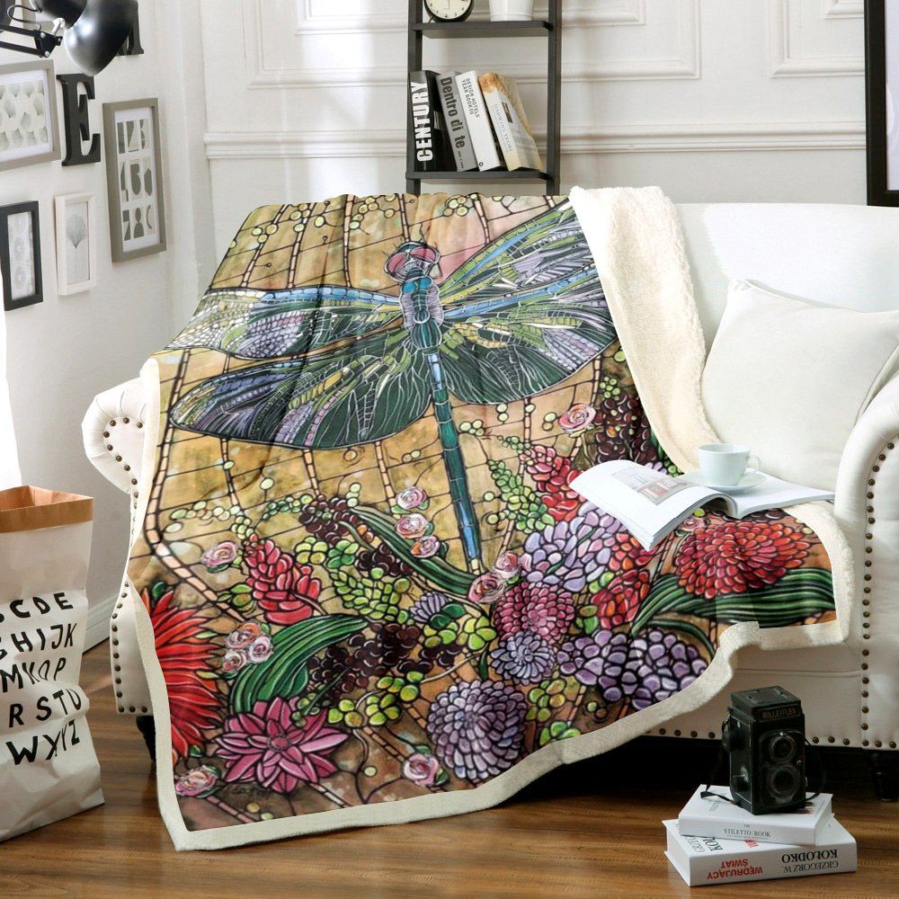 Dragonfly Floral Garden Sherpa Fleece Blanket
