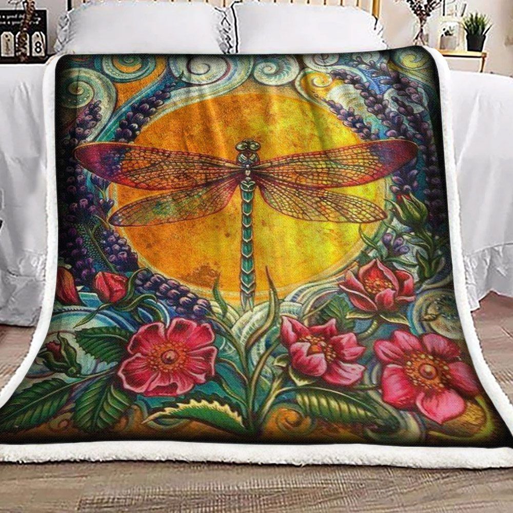 Dragonfly Flower Sherpa Fleece Blanket