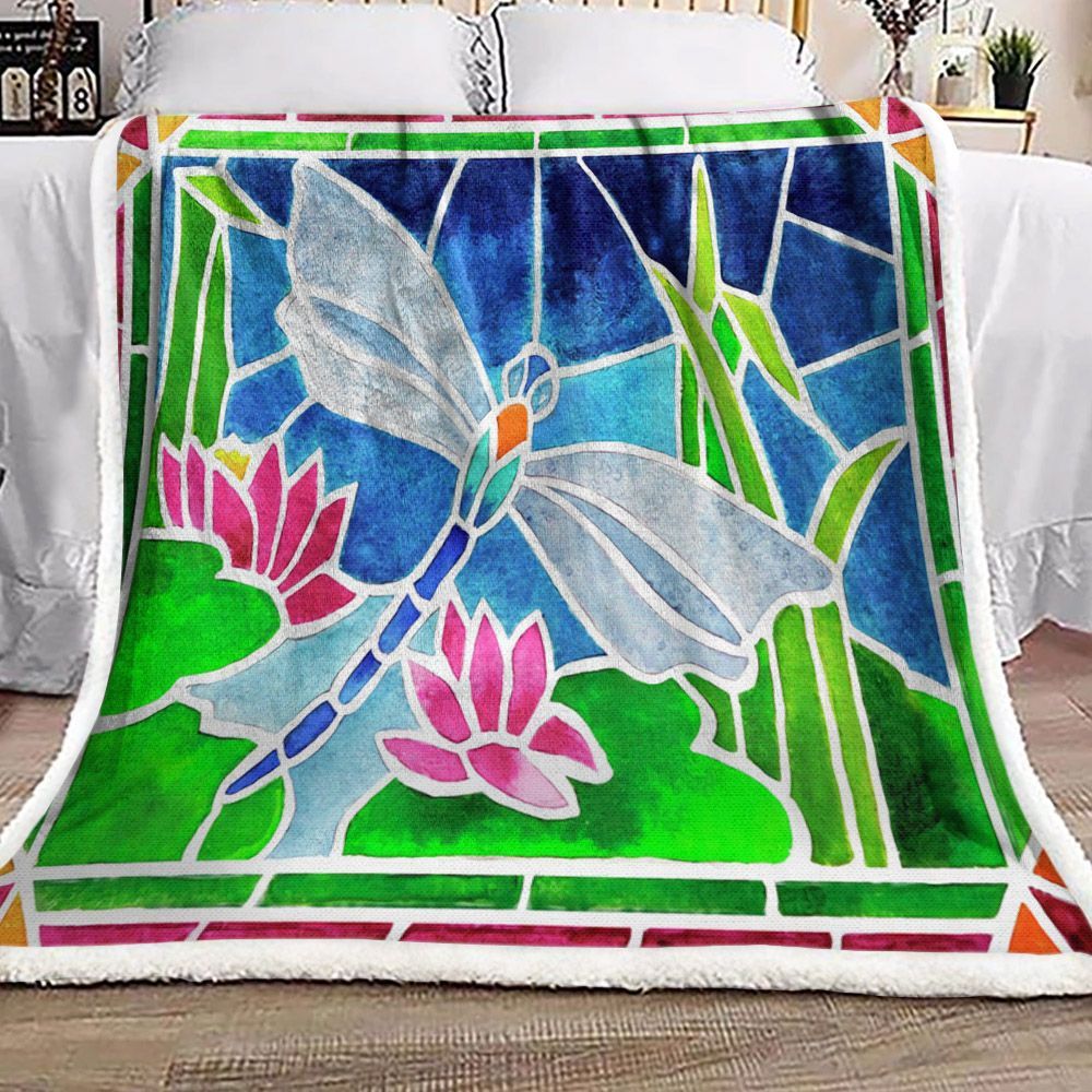 Dragonfly Lotus Flower Sherpa Fleece Blanket
