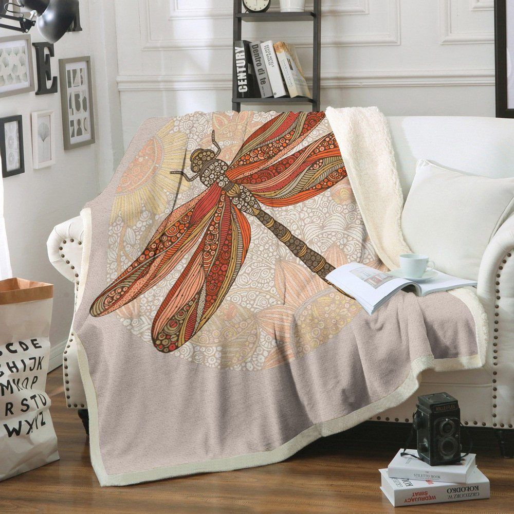 Dragonfly Mandala Color Sherpa Fleece Blanket