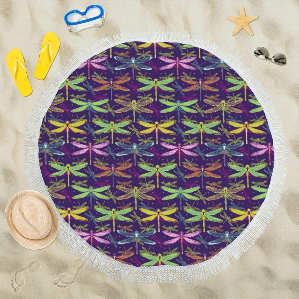 Dragonfly Neon Color Print Pattern Round Beach Towel