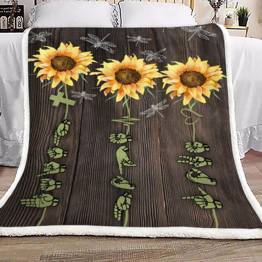 Dragonfly Sunflower American Sign Language Sherpa Fleece Blanket