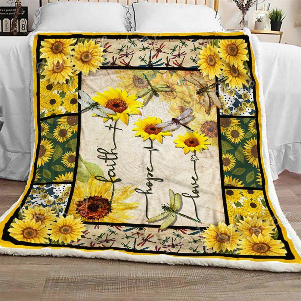 Dragonfly Sunflower Sherpa Fleece Blanket