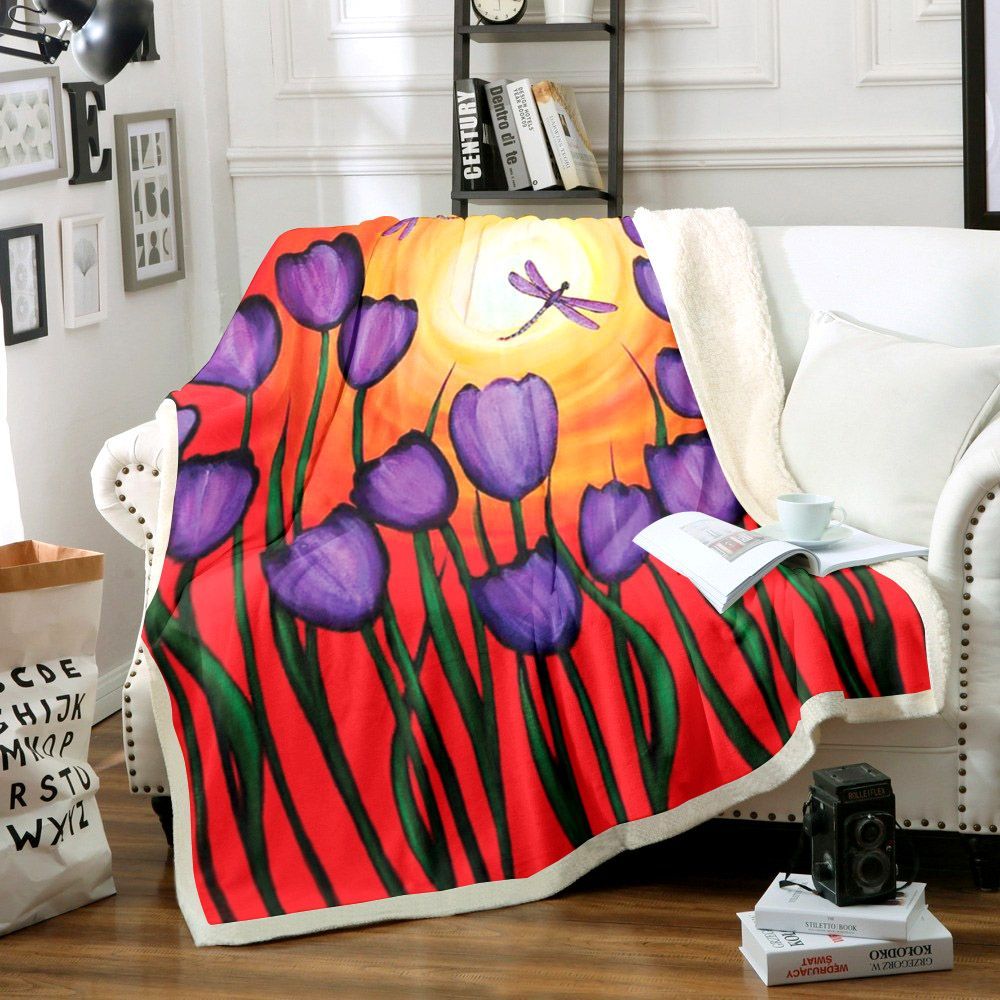 Dragonfly Tulip Sherpa Fleece Blanket
