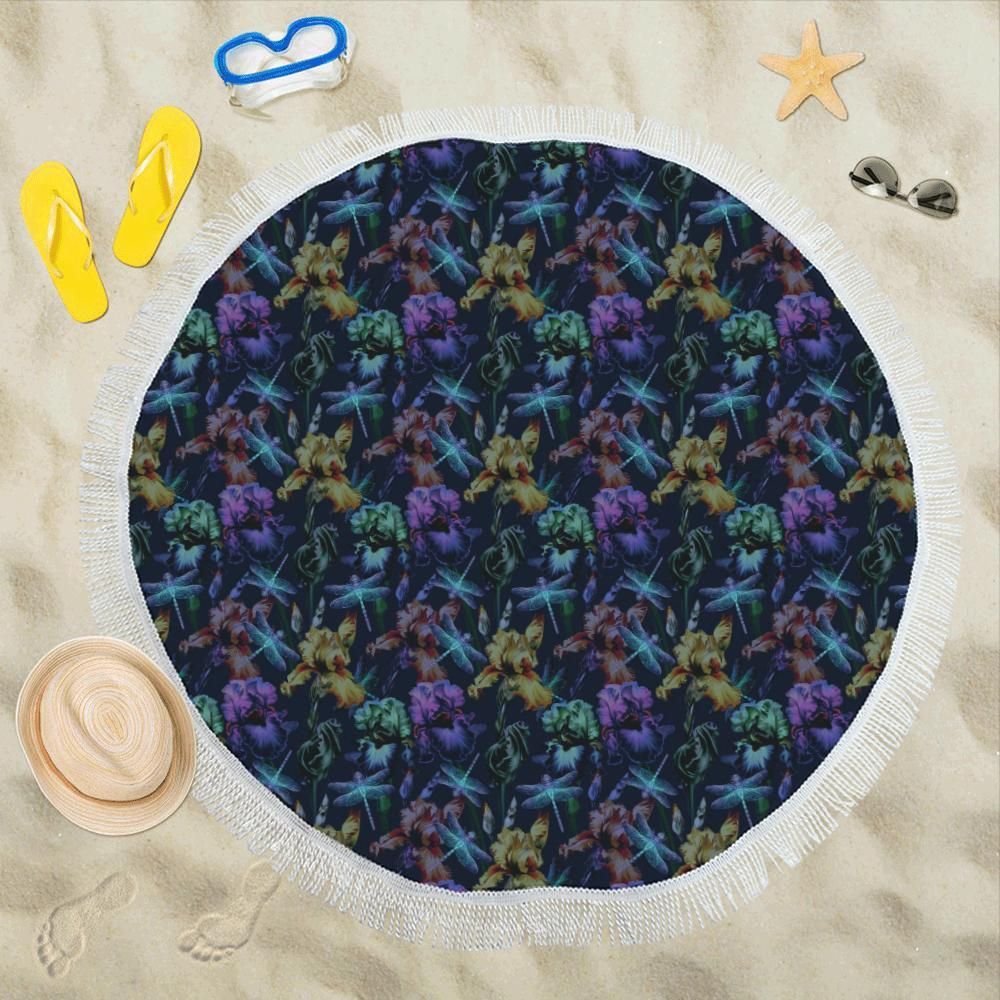 Dragonfly With Floral Printed Pattern Round Beach Towel