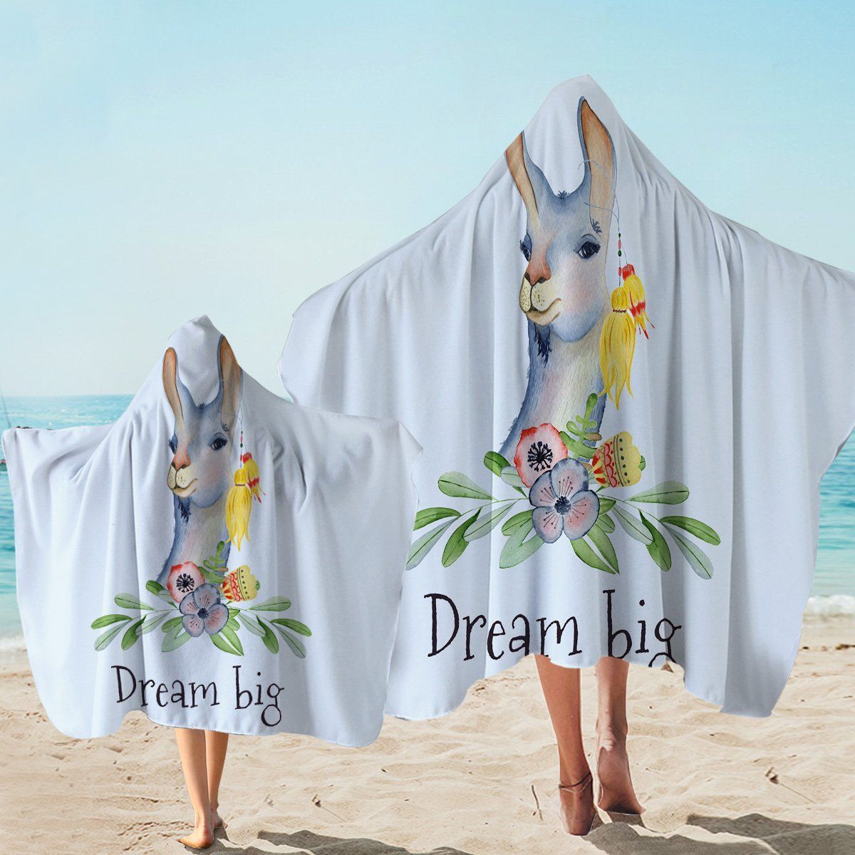 Dream Big Llama And Flowers Printed Hooded Towel