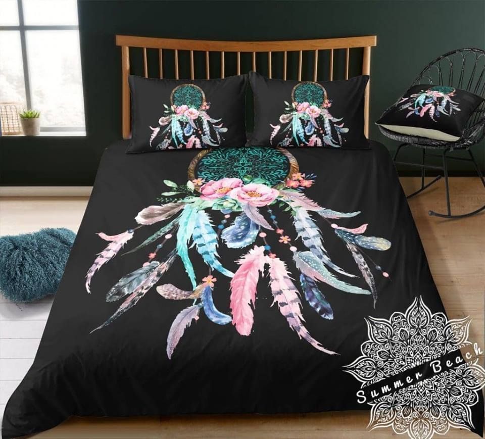 Dream Catcher Feathers Black Bedding Set