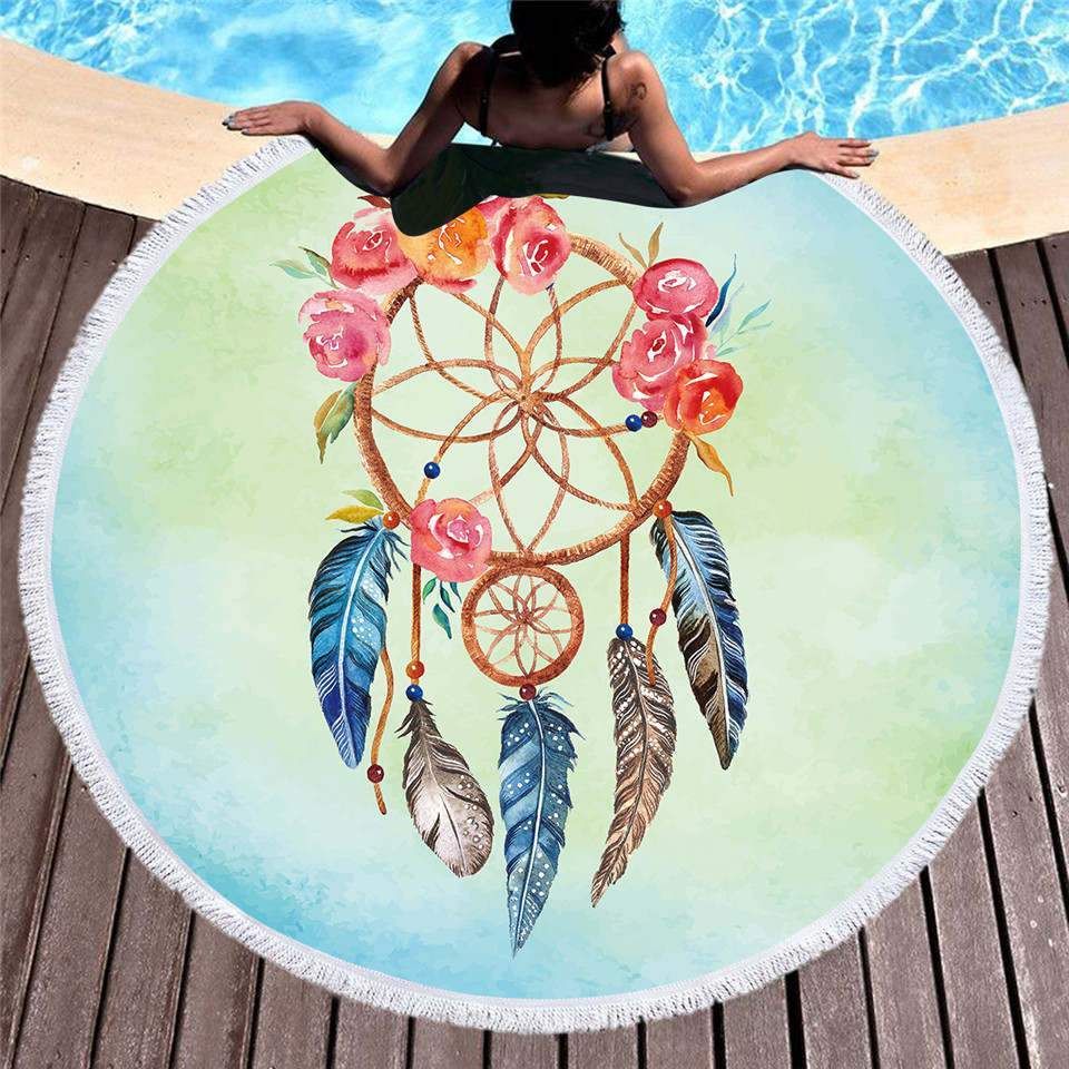 Dream Catcher Surrounded By Roses Printed Round Beach Towel
