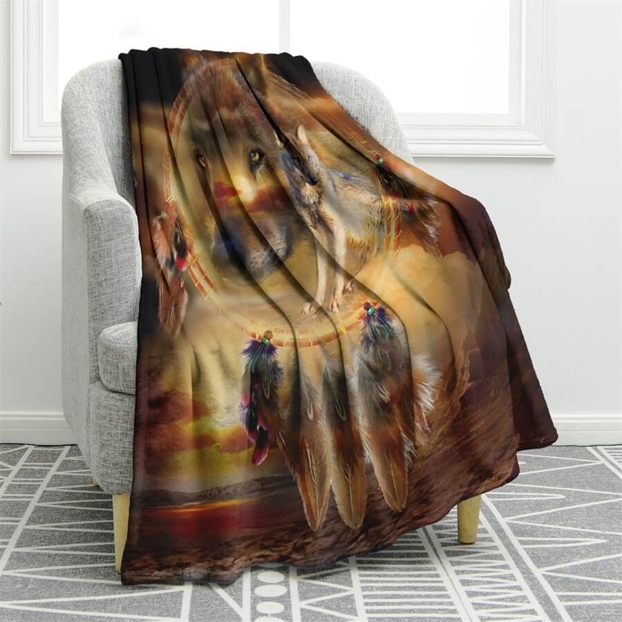 Dream Catcher Wolf Sherpa Fleece Blanket