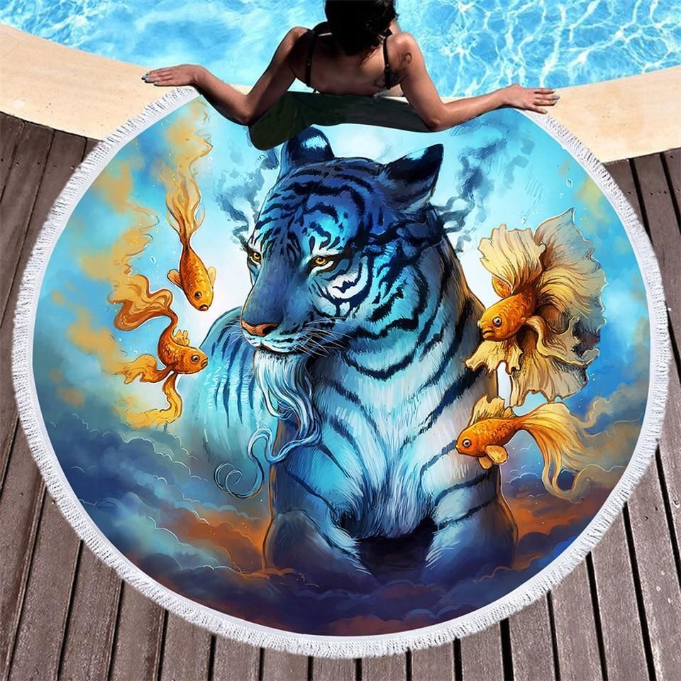 Dream Tiger And Fish Printed Round Beach Towel