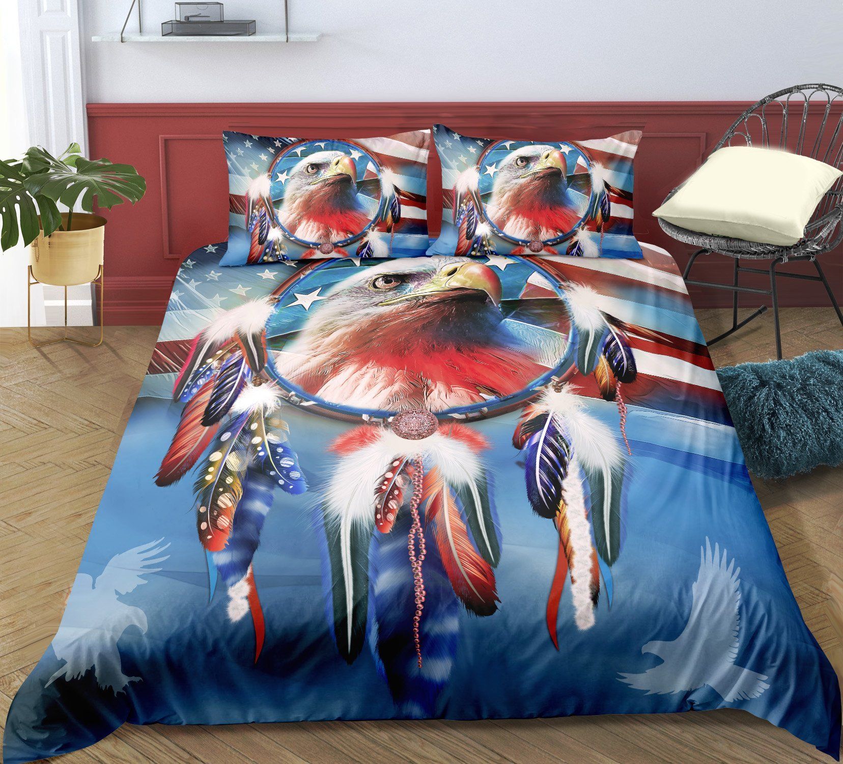 Dreamcatcher Eagle American Flag Bedding Set