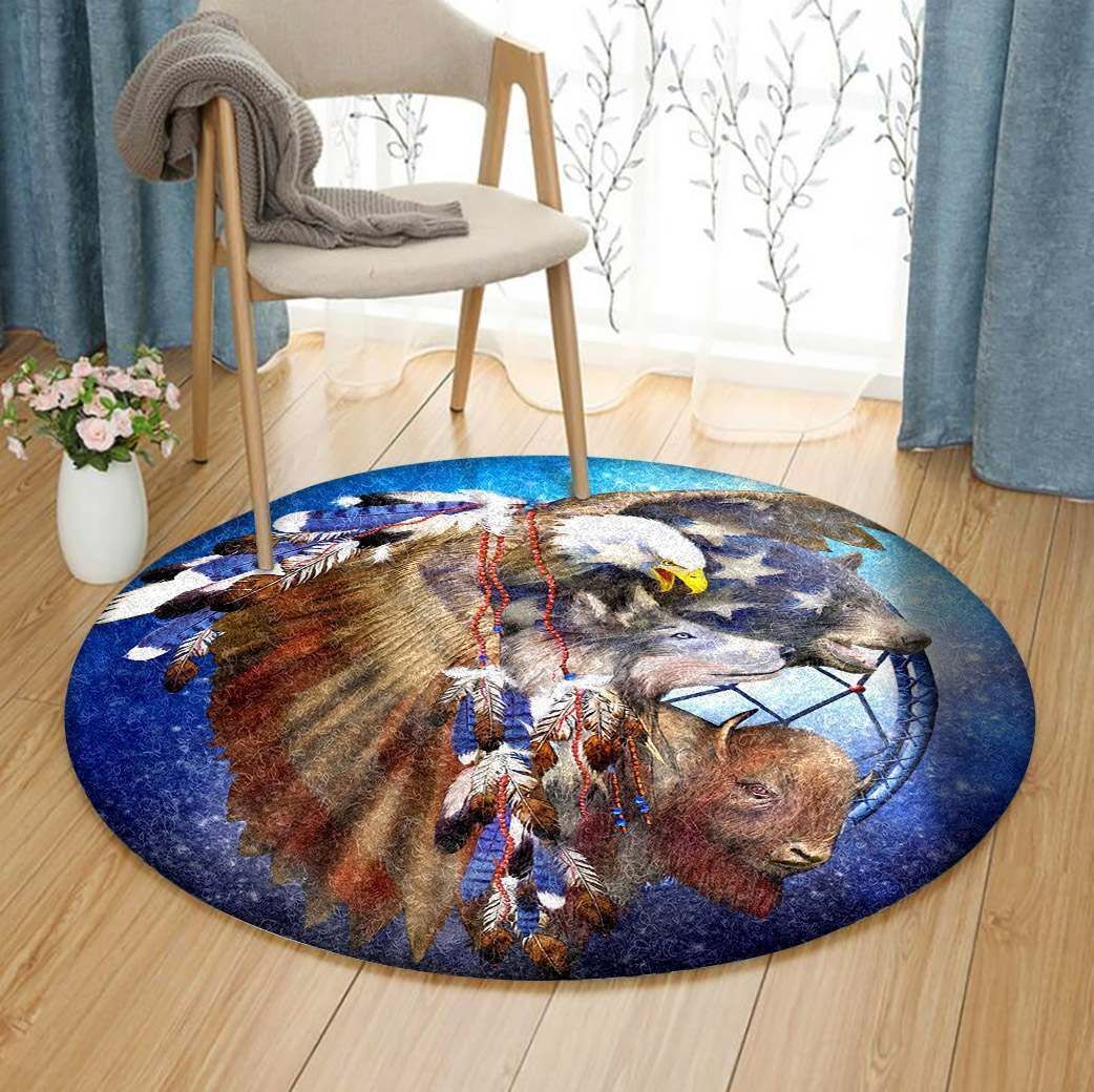 Dreamcatcher Spirit Animal Eagle Wolf Bear Buffalo Native American Round Carpet