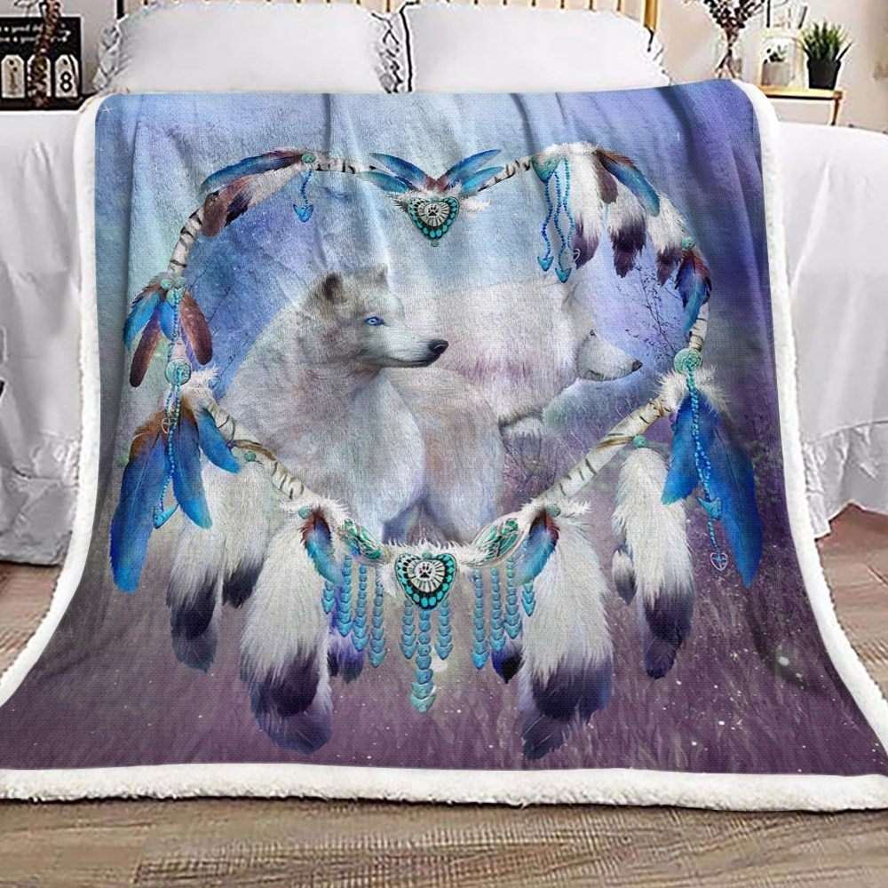 Dreamcatcher White Wolf Sherpa Fleece Blanket