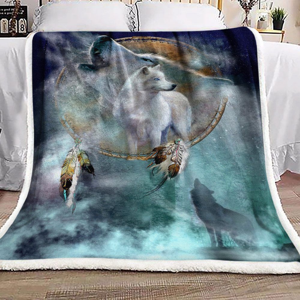 Dreamcatcher White Wolf Sherpa Fleece Blanket