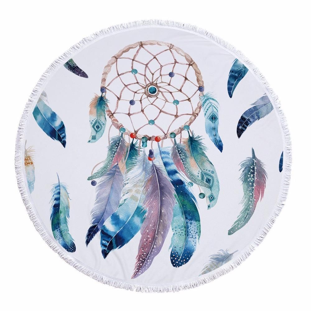 Dreamcatcher With Blue Feather Follow Your Dream Printed Round Beach Towel