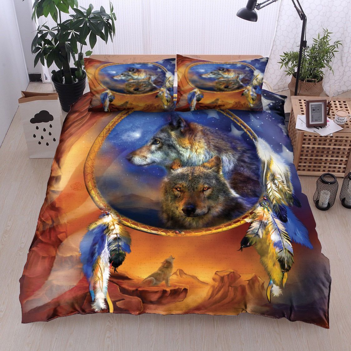 Dreamcatcher Wolf American Flag Bedding Set