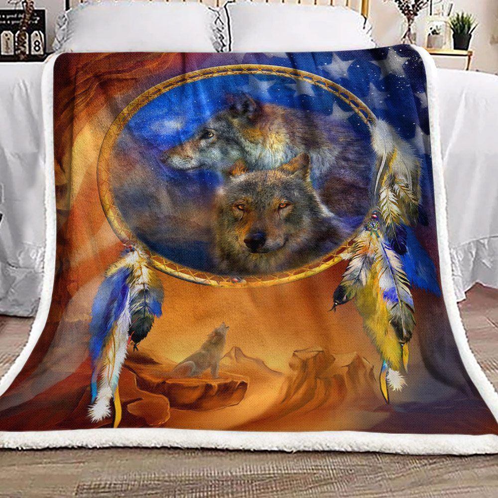 Dreamcatcher Wolf American Flag Sherpa Fleece Blanket