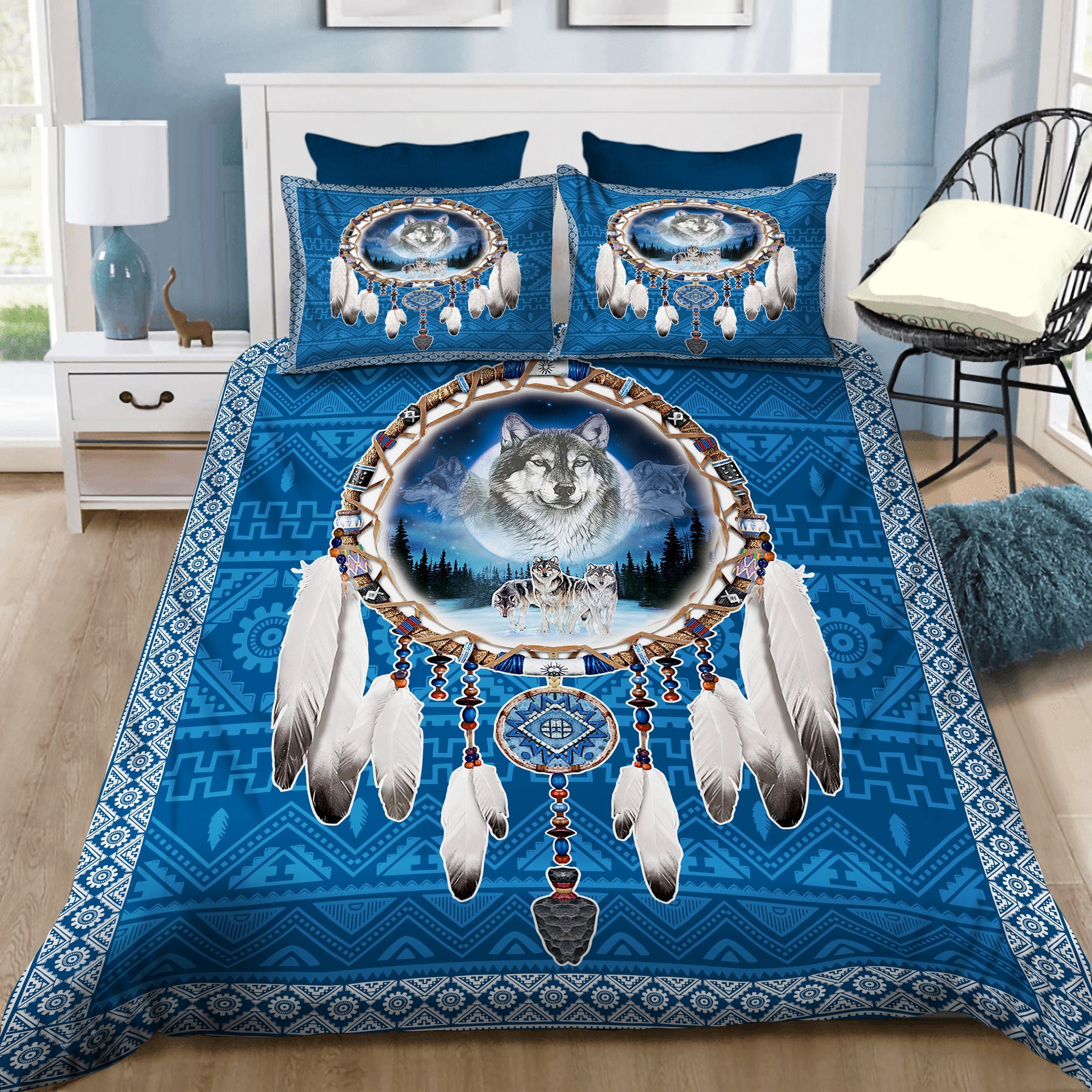 Dreamcatcher Wolf Blue Bedding Set