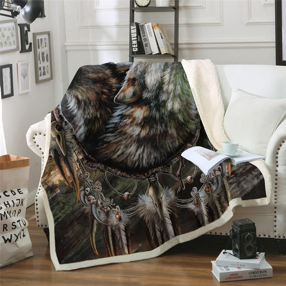 Dreamcatcher Wolf Sherpa Fleece Blanket