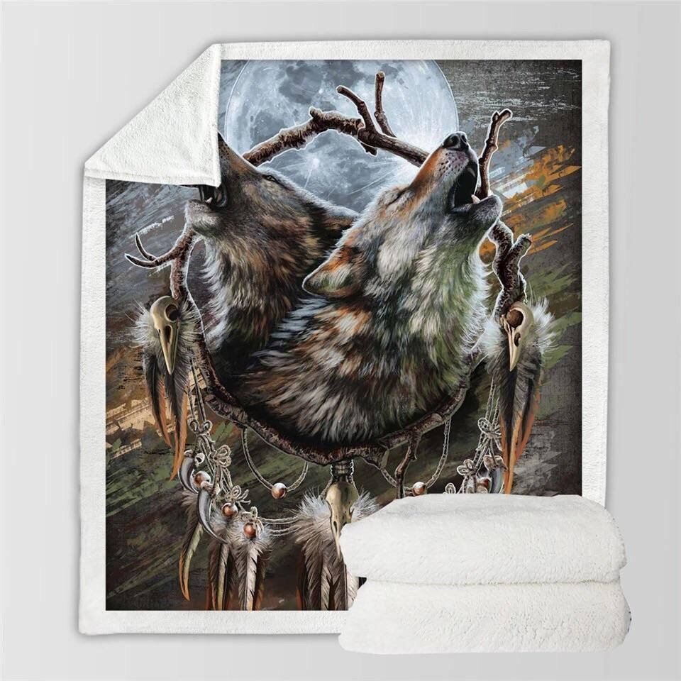 Dreamcatcher Wolf Sherpa Fleece Blanket