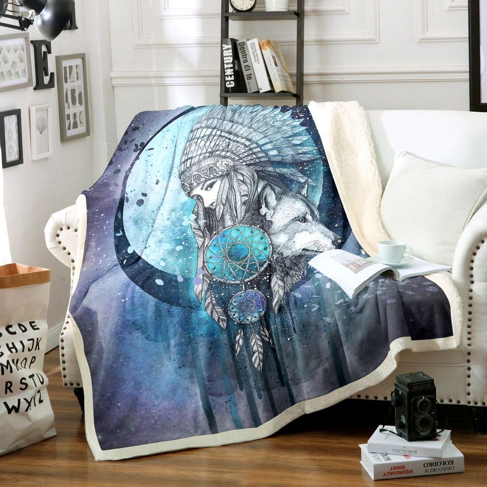 Dreamcatcher Wolf Sherpa Fleece Blanket