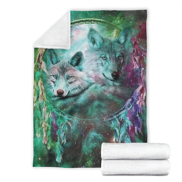 Dreamcather Green Galaxy Wolf Sherpa Fleece Blanket
