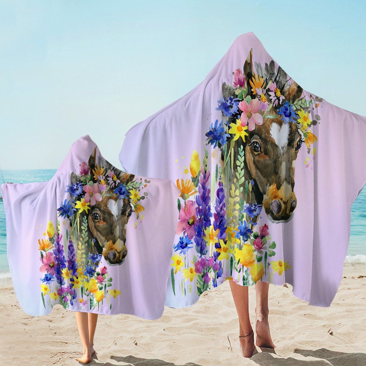 Dreamy Horse With Flowers Pastel Printed Hooded Towel