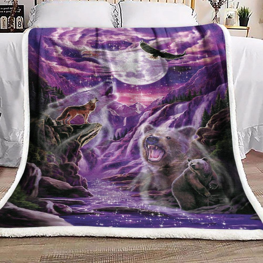 Eagle Bear Wolf Moon Sherpa Fleece Blanket