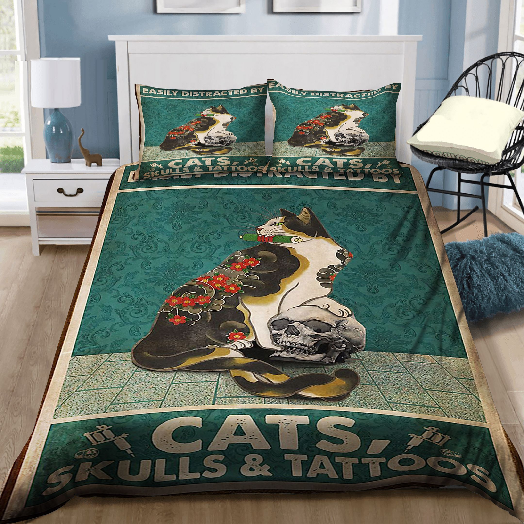Easily Distracted By Cats Skulls And Tattoos Bedding Set
