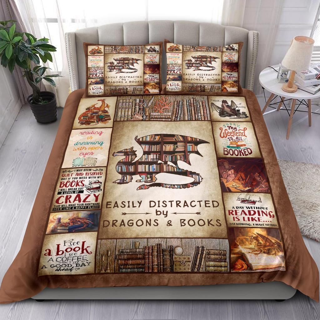 Easily Distracted By Dragons And Books Bedding Set